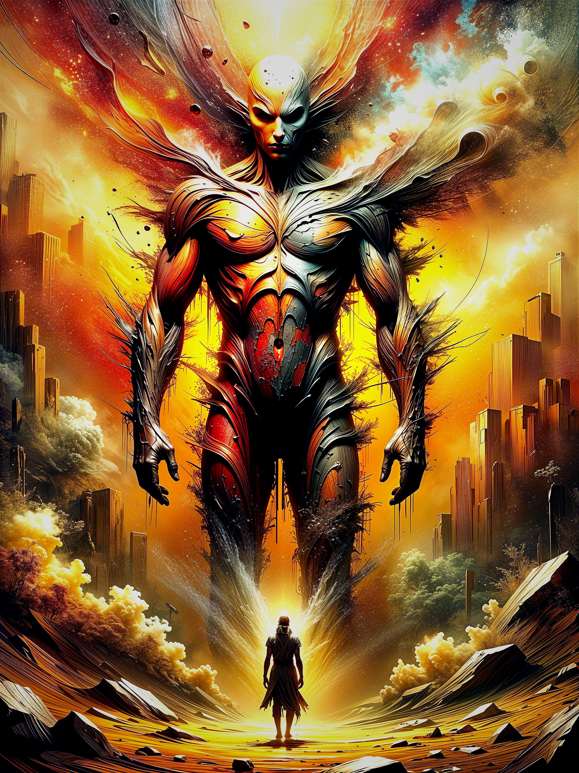 Abstract Humanoid Figure Against Fiery Background