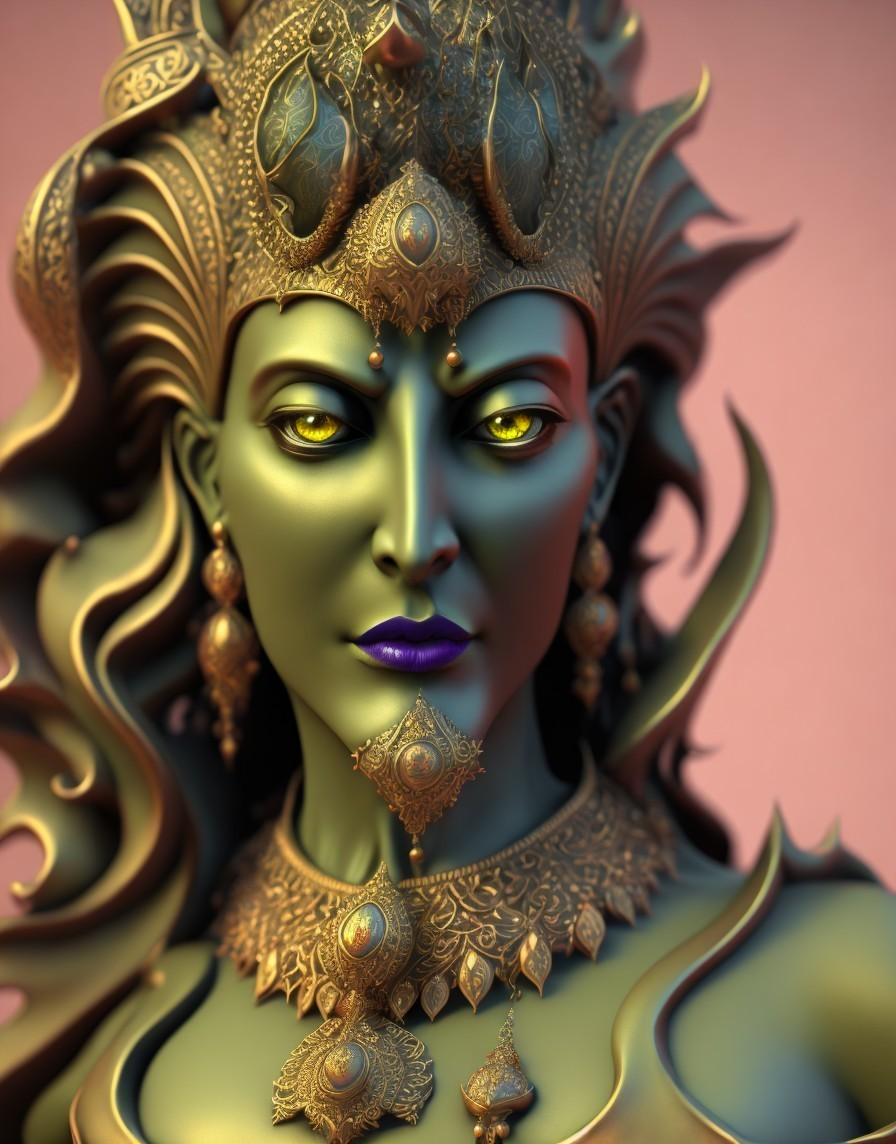 3D illustration: Woman with green skin, yellow eyes, golden jewelry, headdress on peach background