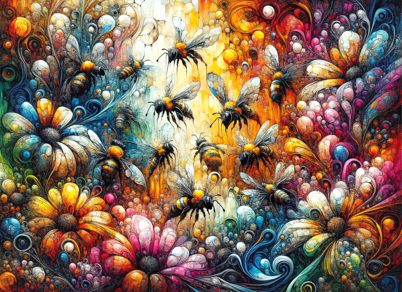Vibrant Illustration of Colorful Flowers and Bees