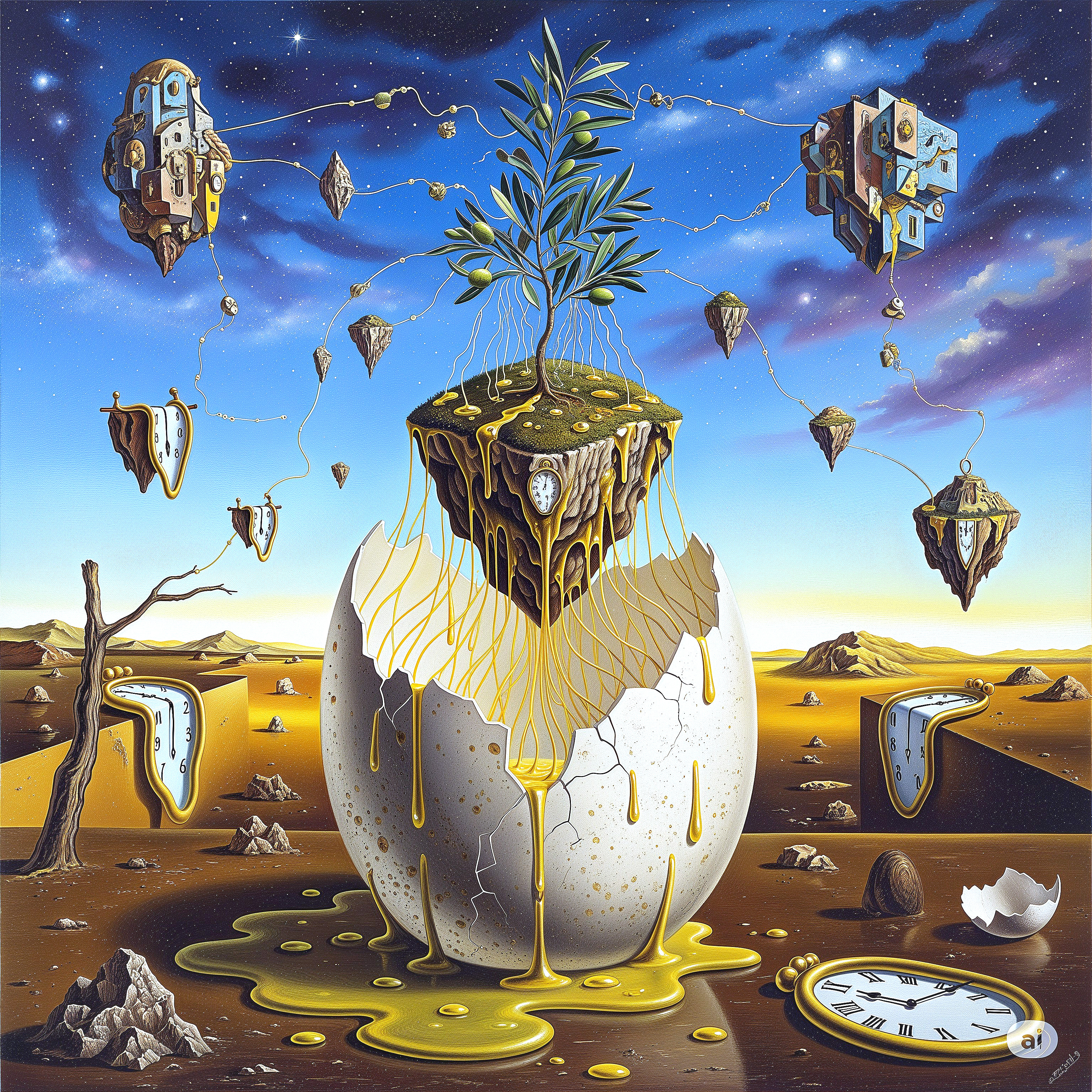 Surreal Landscape with Cracked Egg and Floating Islands