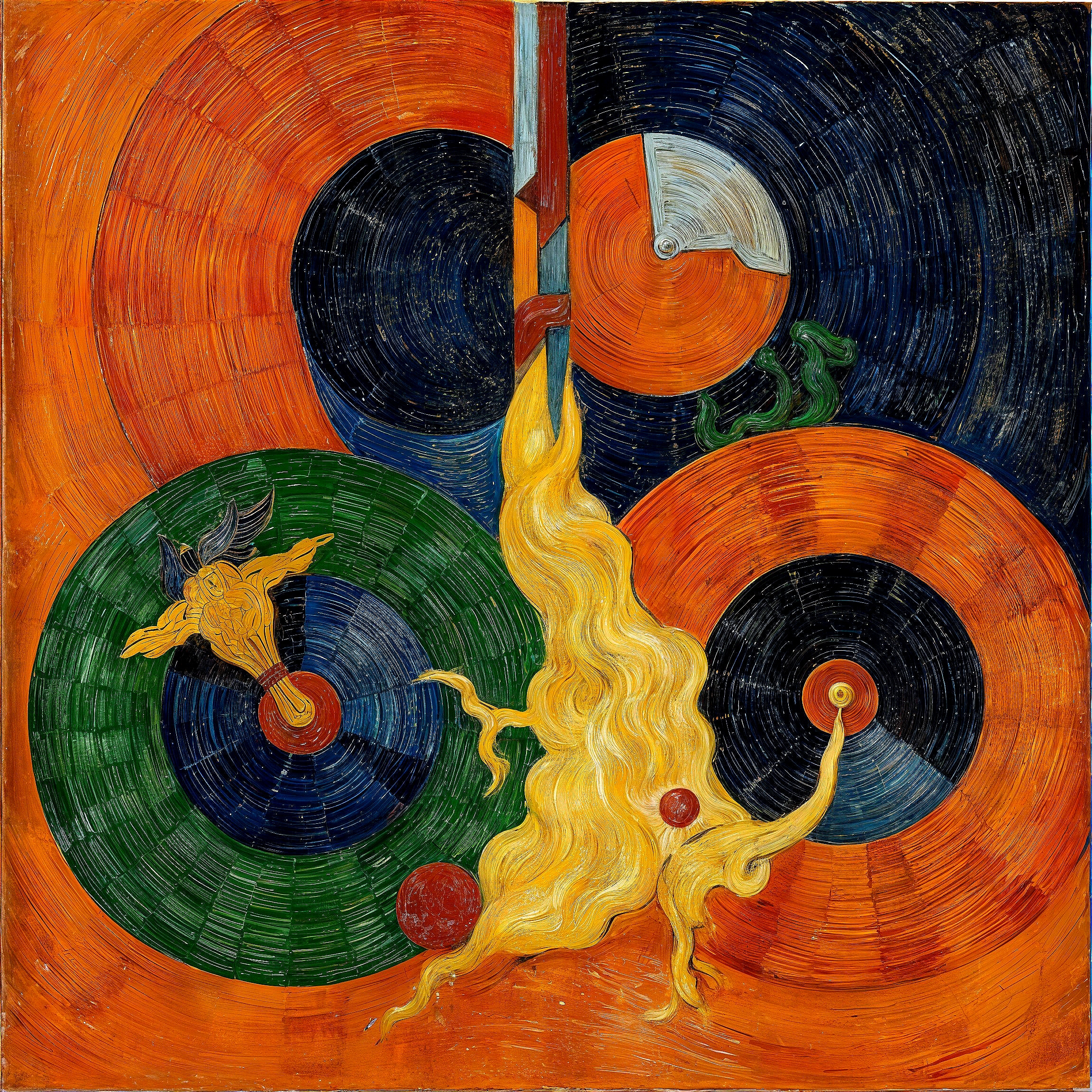 Vibrant Circular Shapes with Flowing Yellow Flames