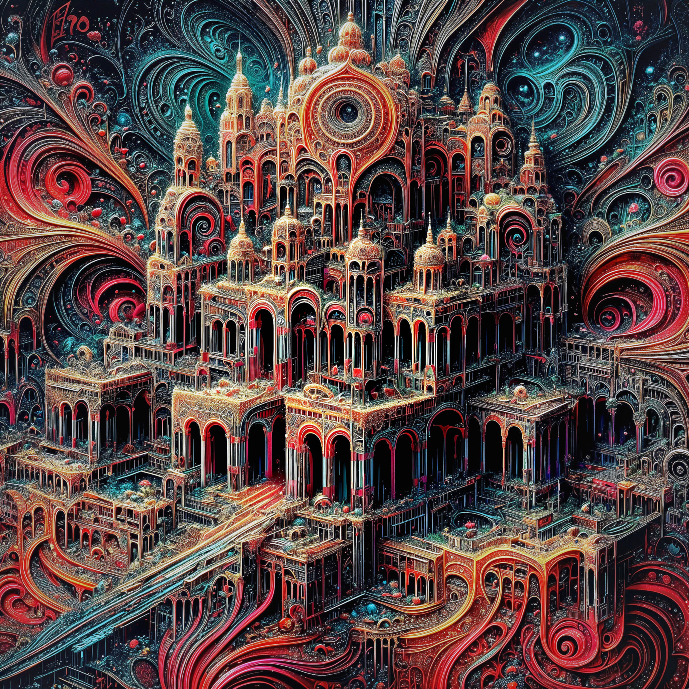Surreal Architectural Structure with Vibrant Patterns