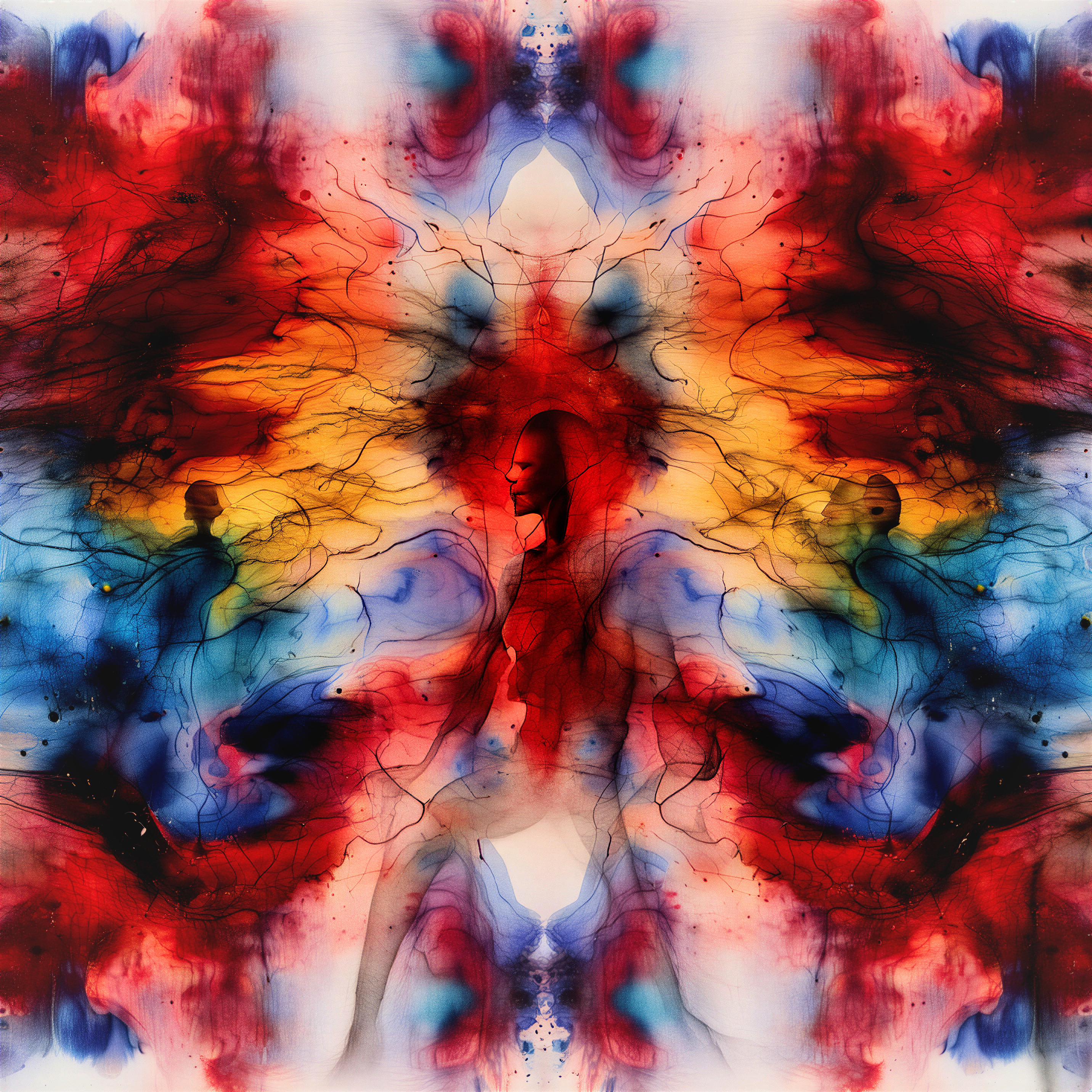 Vibrant Abstract Artwork with Silhouetted Figures