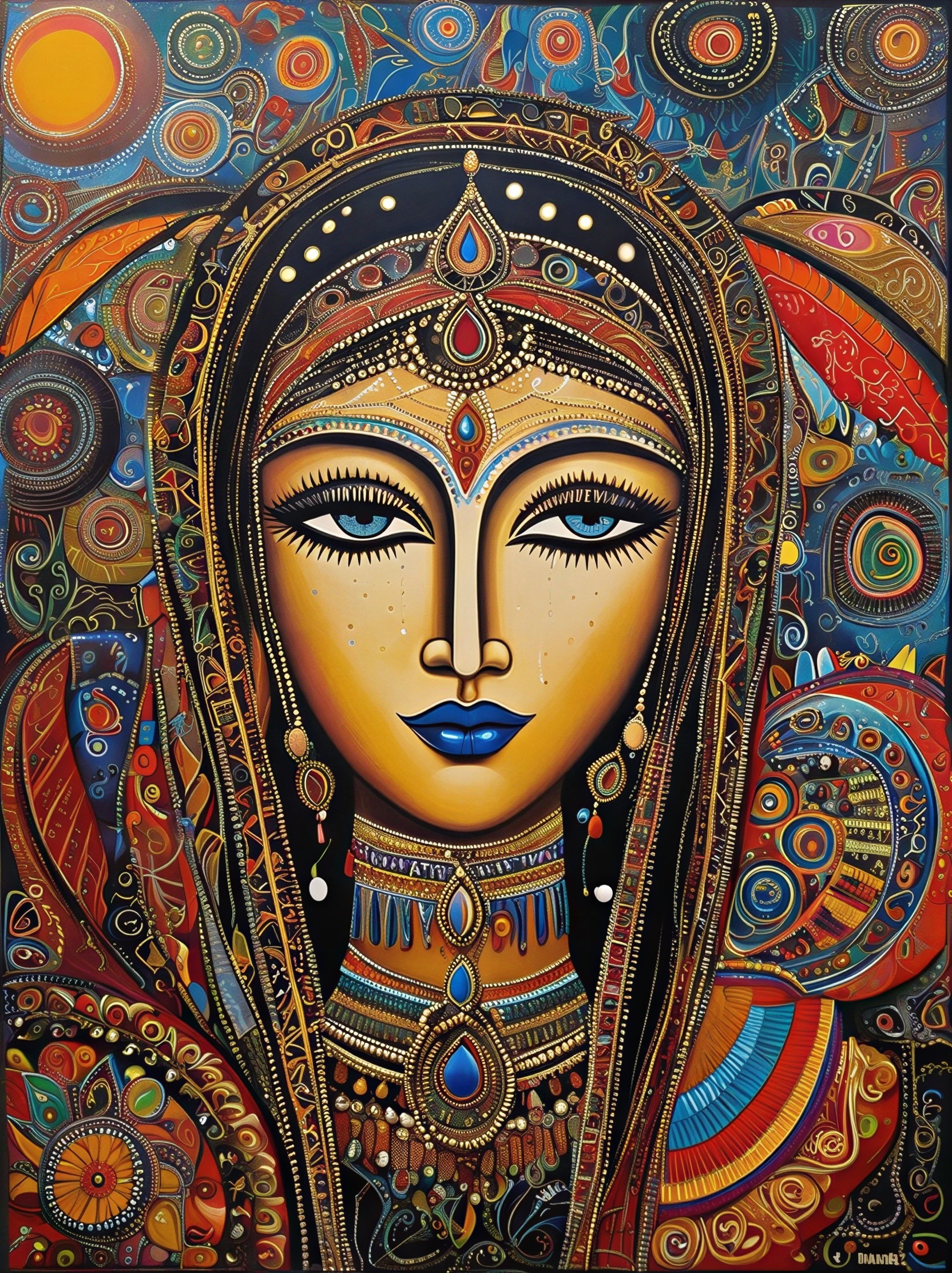 Colorful Woman's Face with Intricate Patterns and Veil
