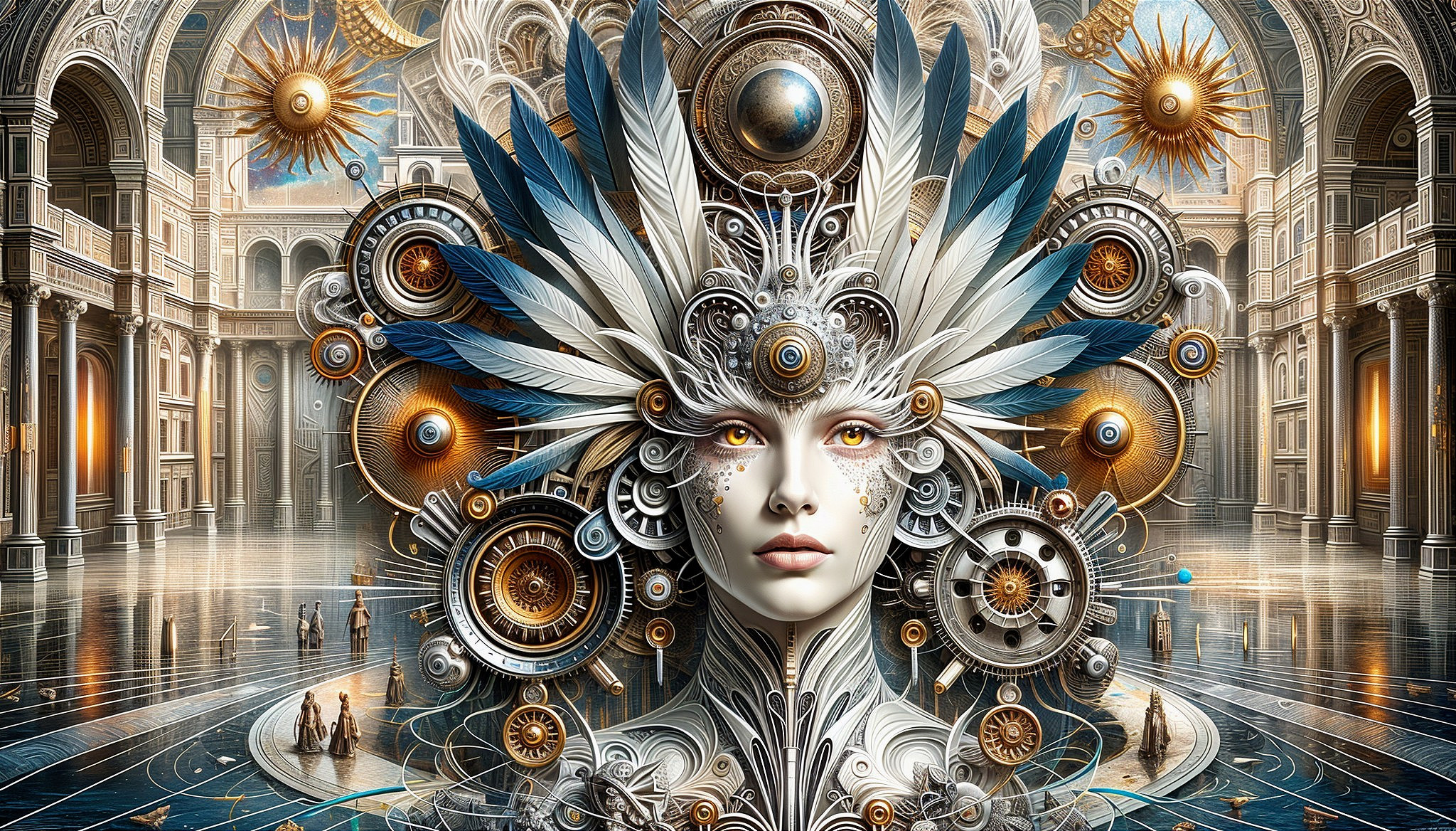 Fantastical Scene with Ornate Headdress and Gears