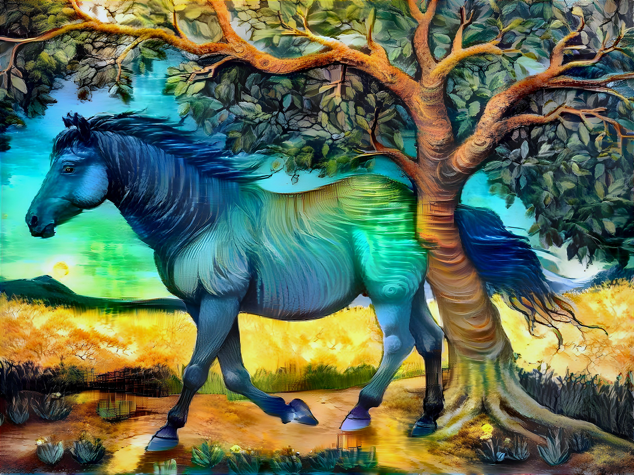 Surreal Landscape with Blue Horse and Vibrant Tree