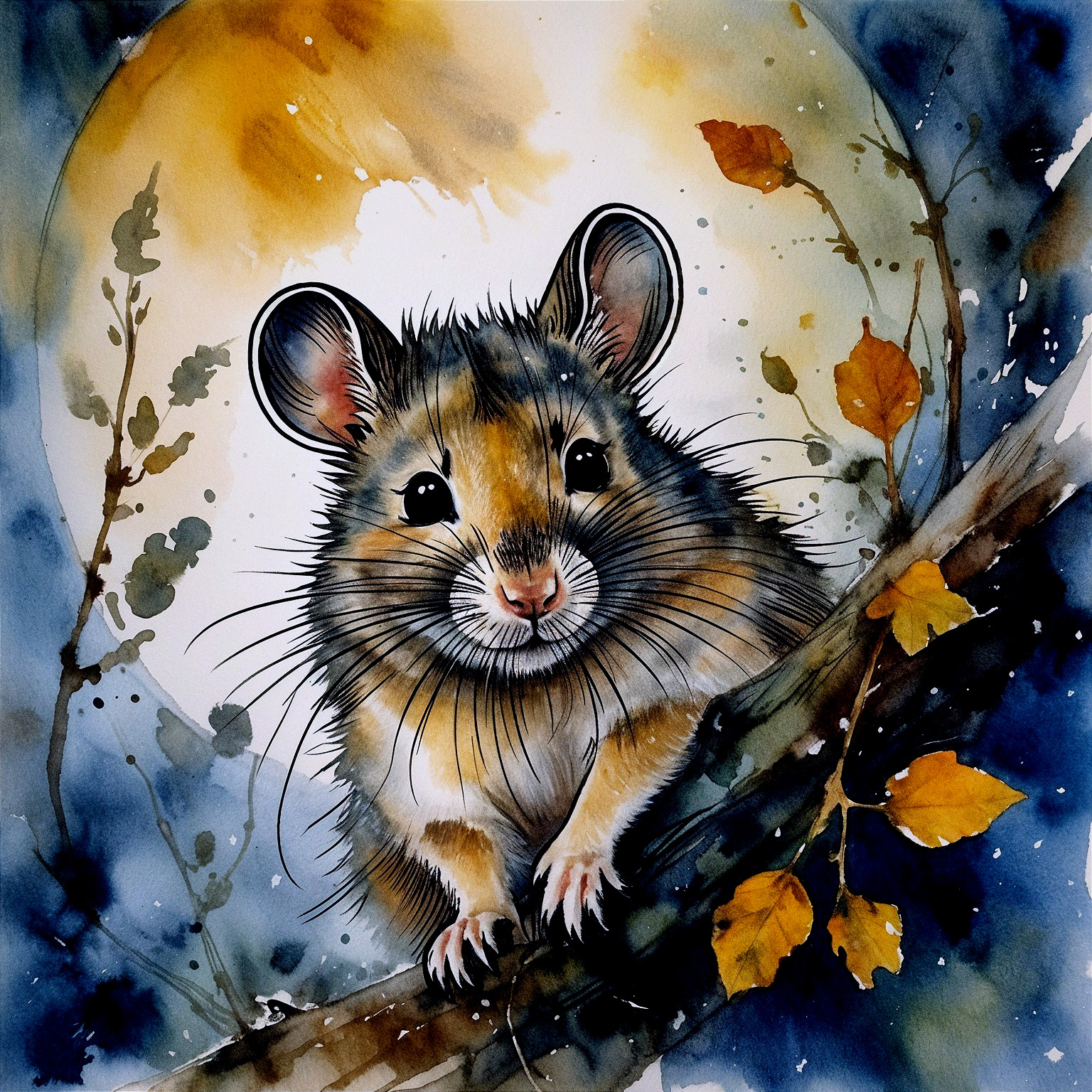 Watercolor Illustration of a Hamster on a Branch