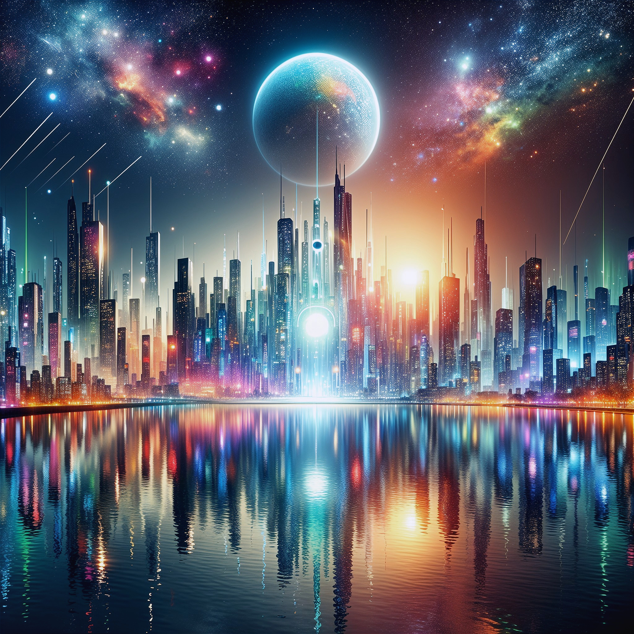 Futuristic cityscape with colorful skyscrapers and lake