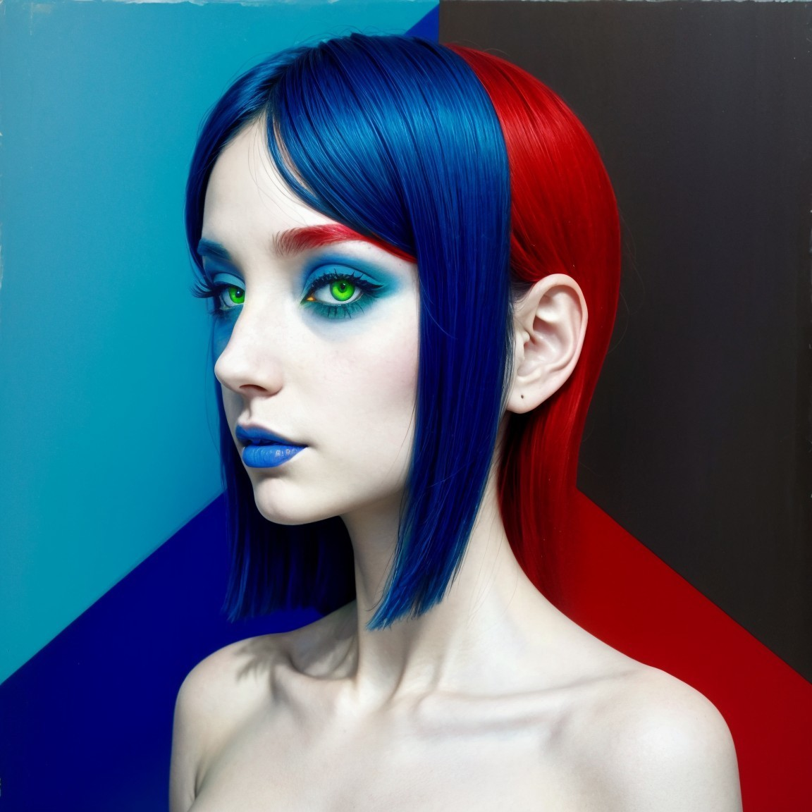 Portrait of a person with split-colored blue and red hair