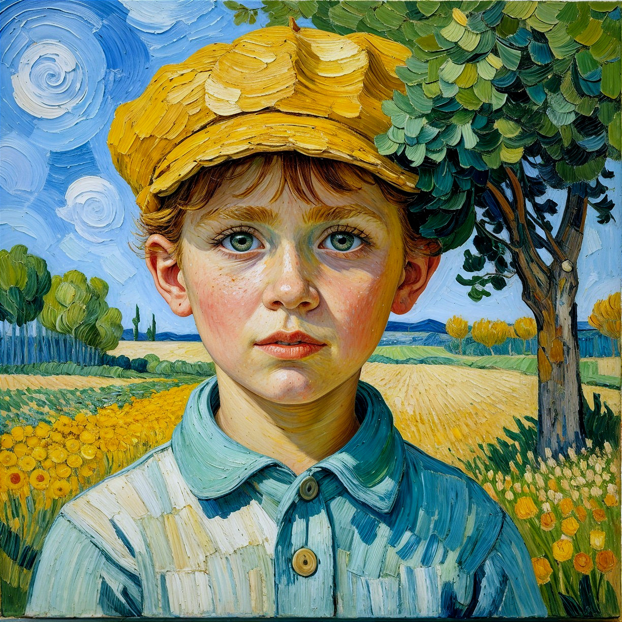 Child in Yellow Cap Surrounded by Sunflowers and Hills