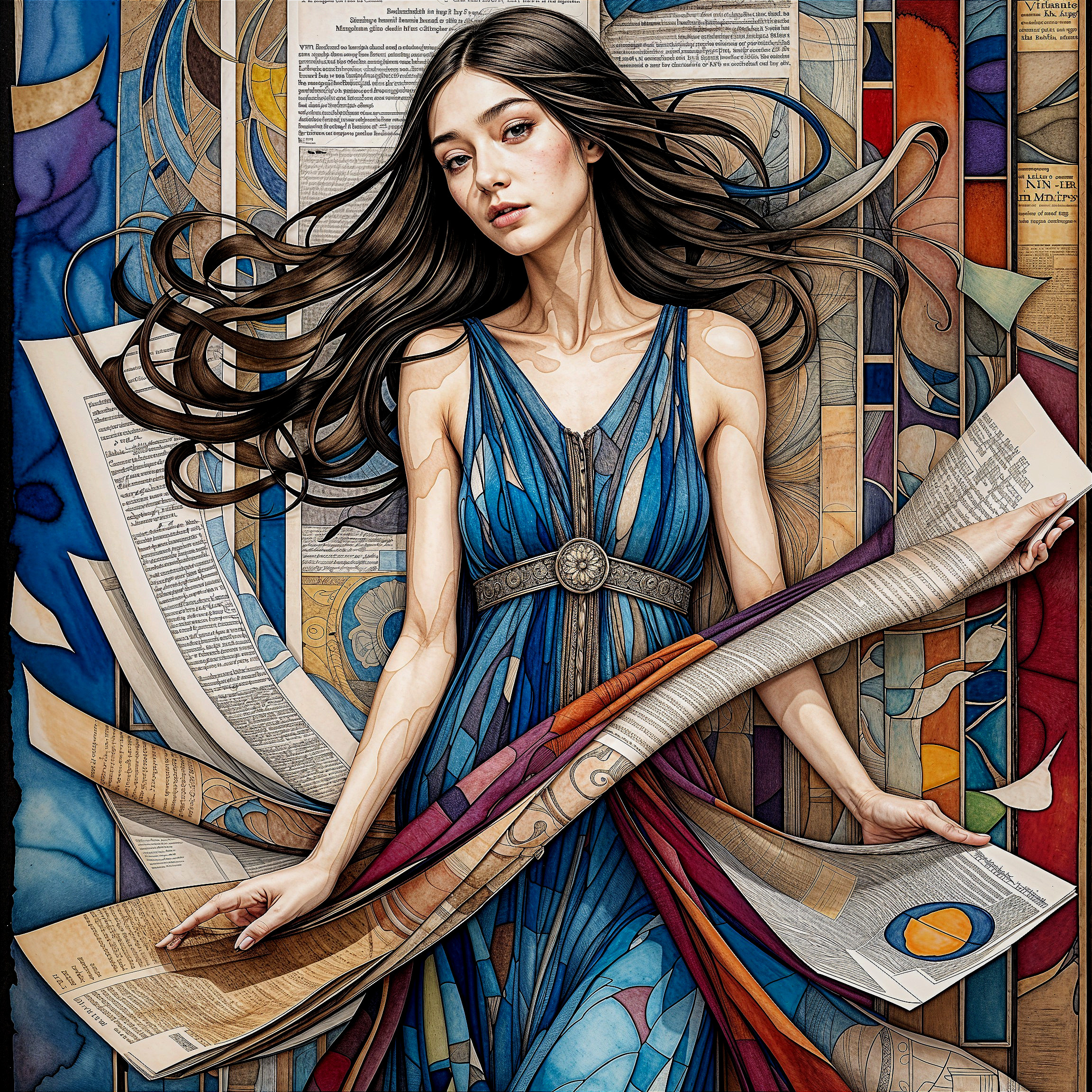 Woman in Blue Dress Surrounded by Text and Patterns