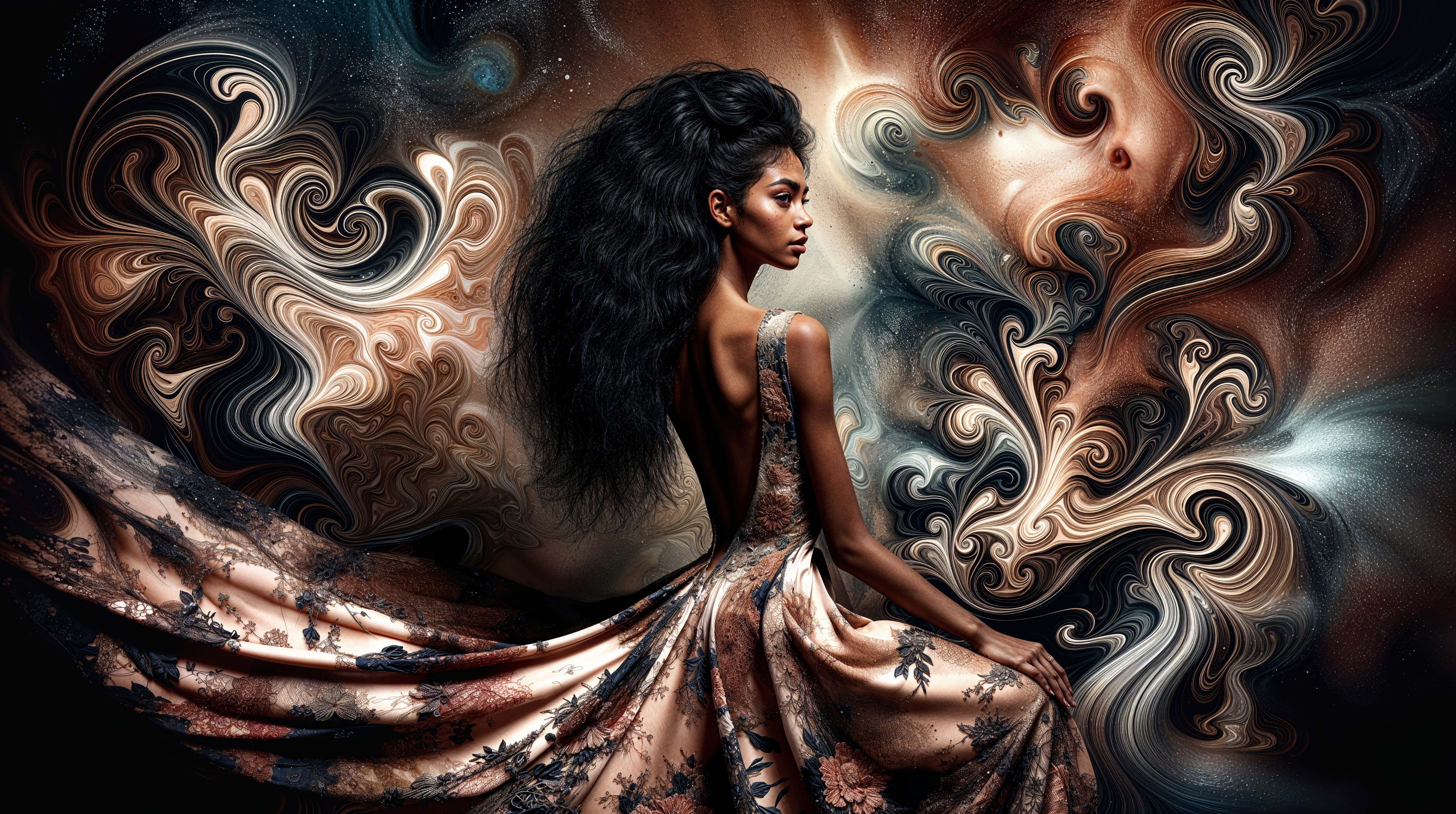 Elegant figure in flowing dress with colorful backdrop