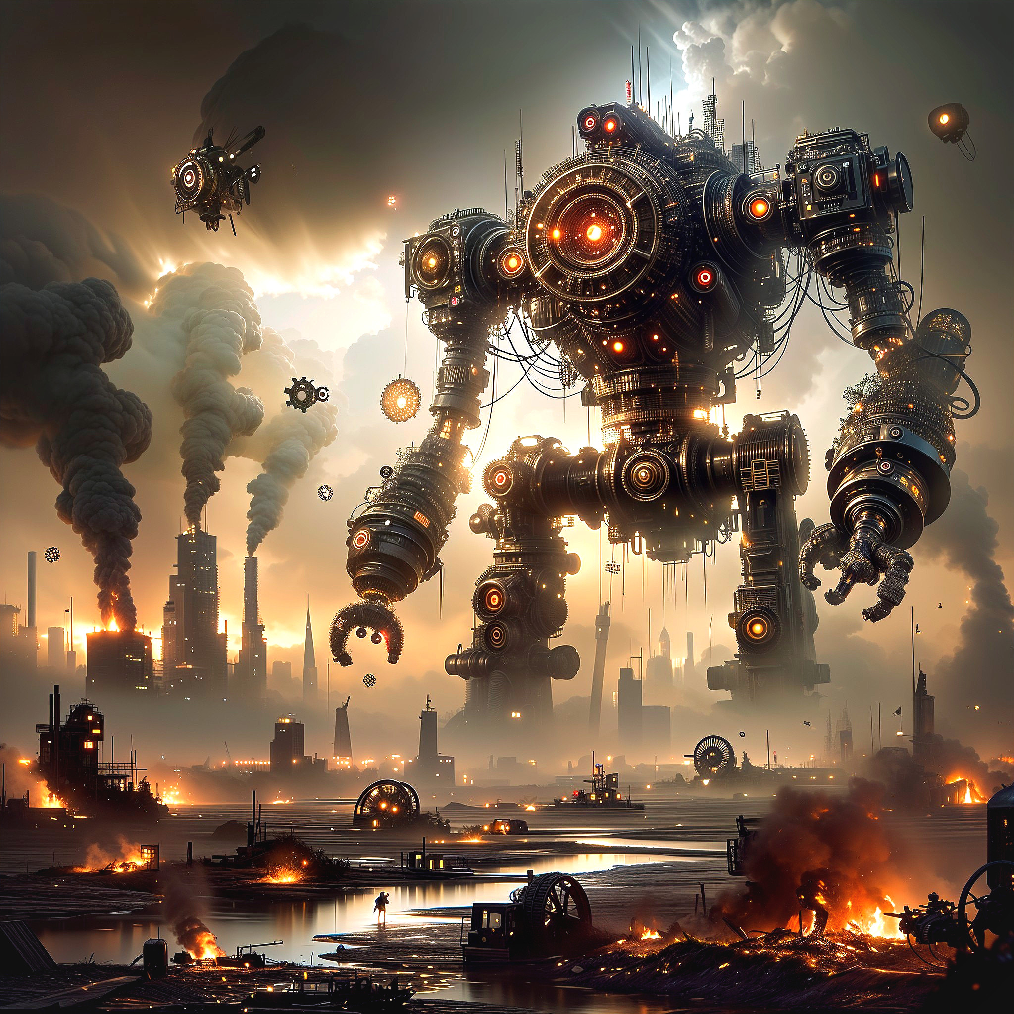 Robotic Figure in Dystopian Industrial Landscape