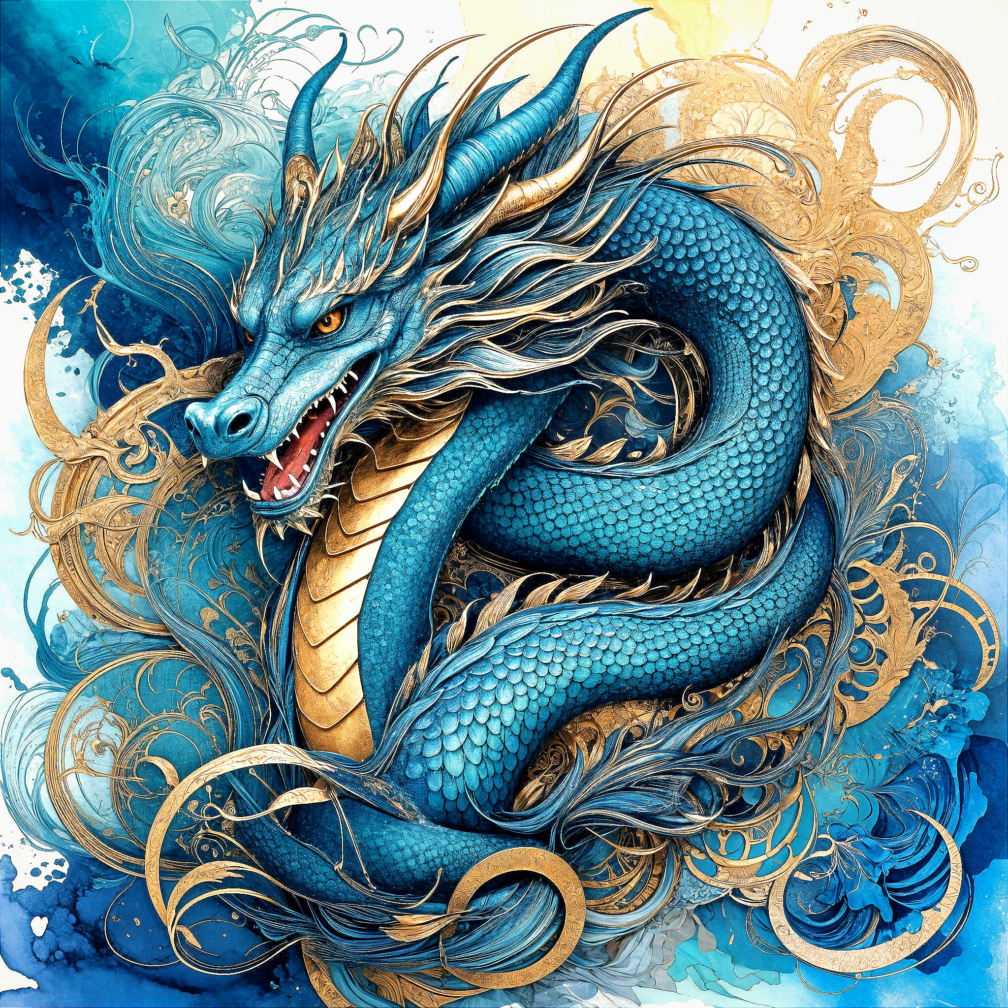 Vibrant Blue Dragon with Golden Accents and Patterns