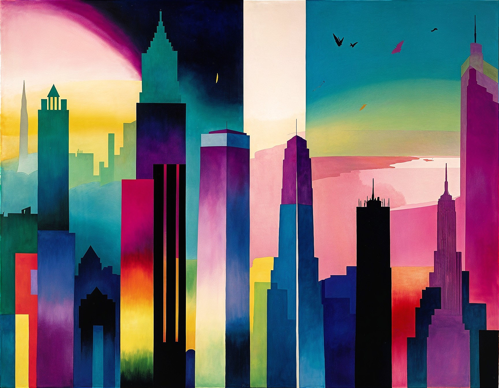 Vibrant City Skyline with Bold Geometric Shapes