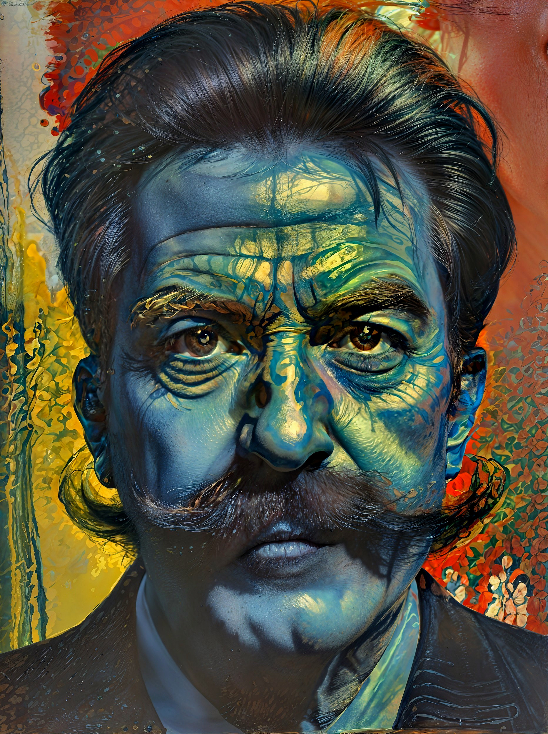 Surreal Portrait of a Man with Mustache and Colors