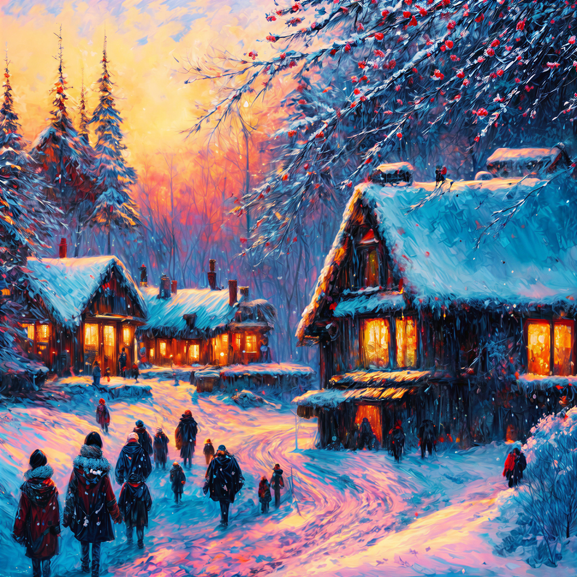 Winter Village Scene with Snow-Covered Cottages