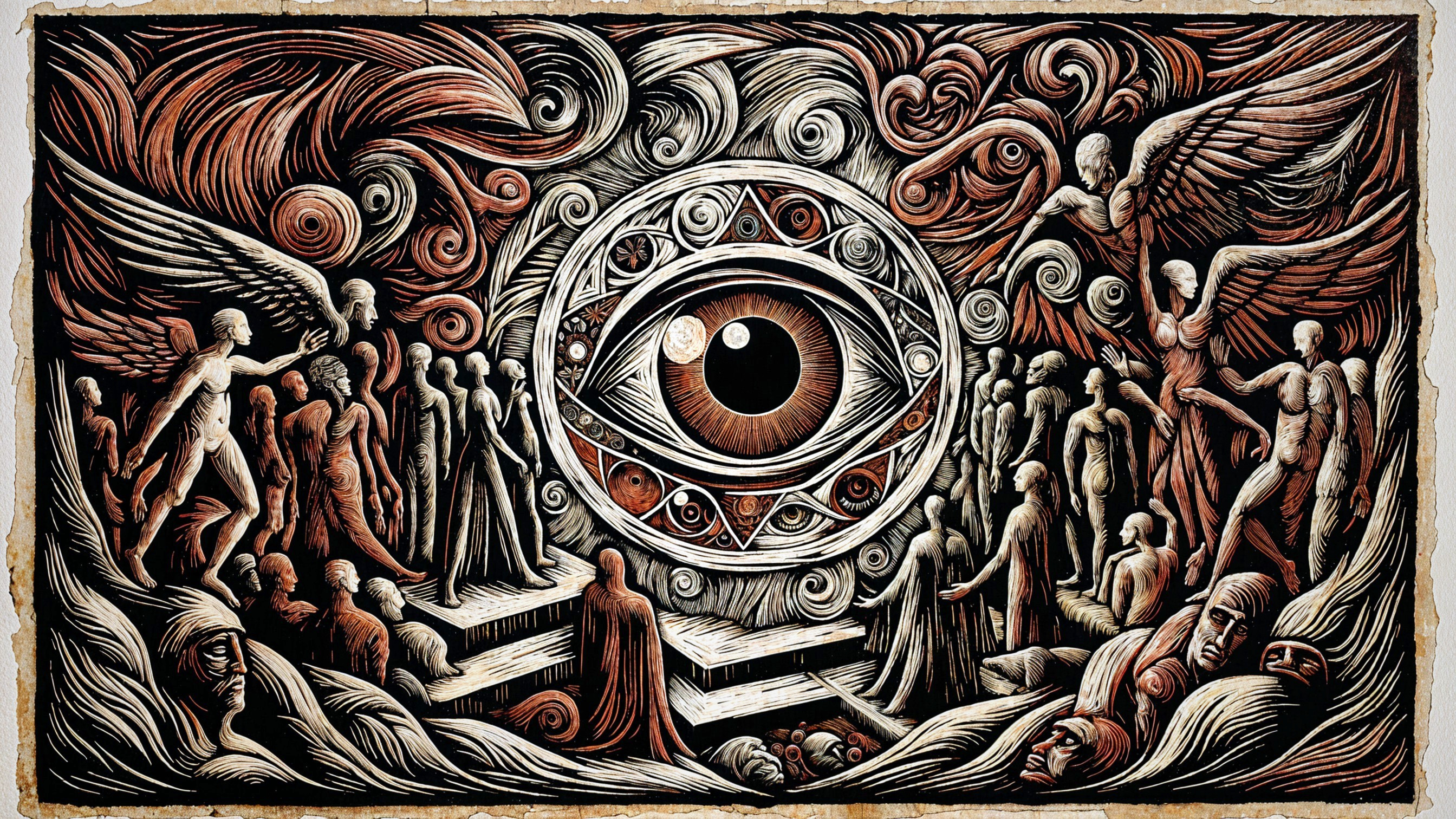 Large Eye Surrounded by Ethereal Figures and Patterns