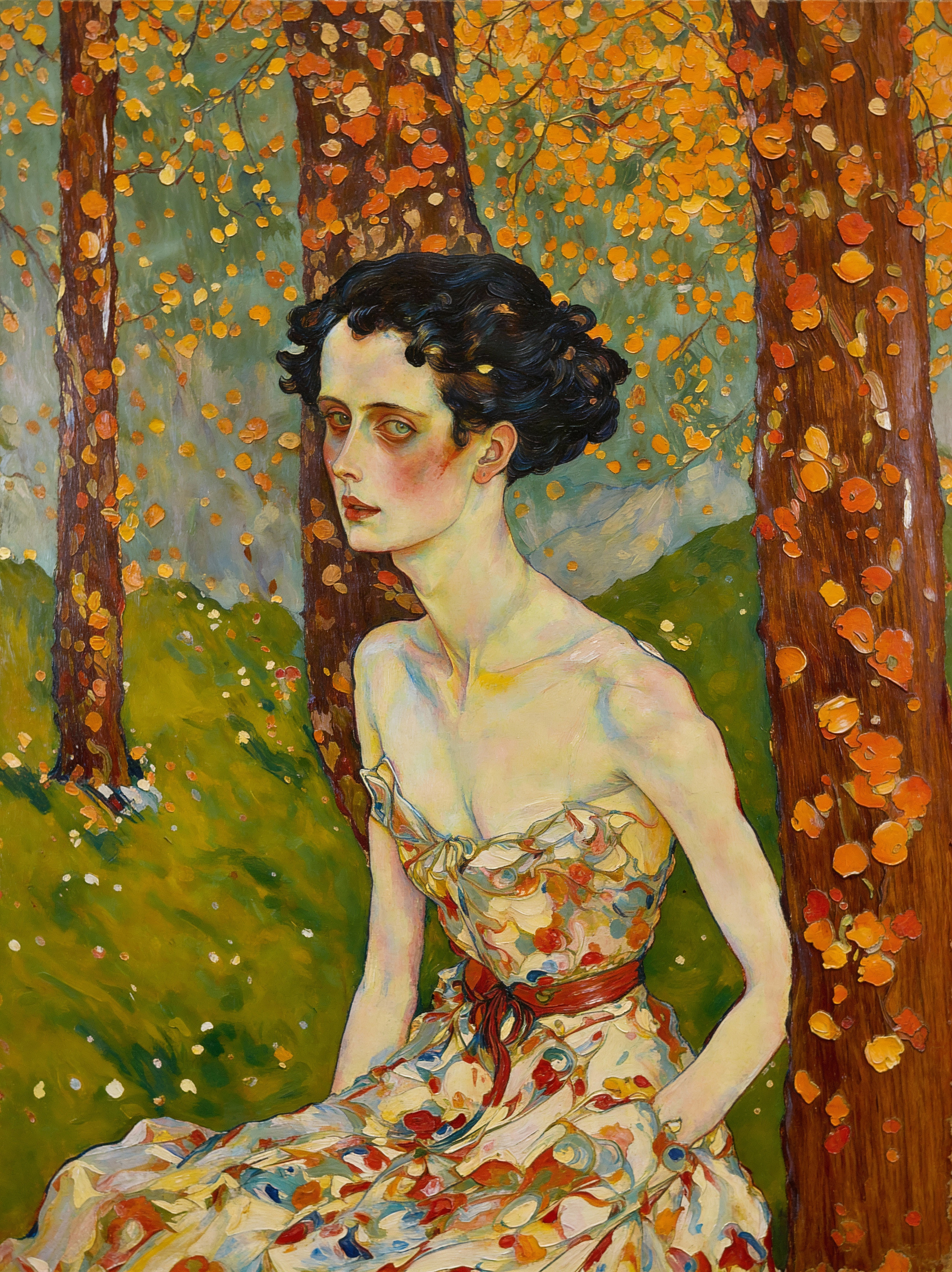 Oil Painting of Woman in Floral Dress in Park Setting