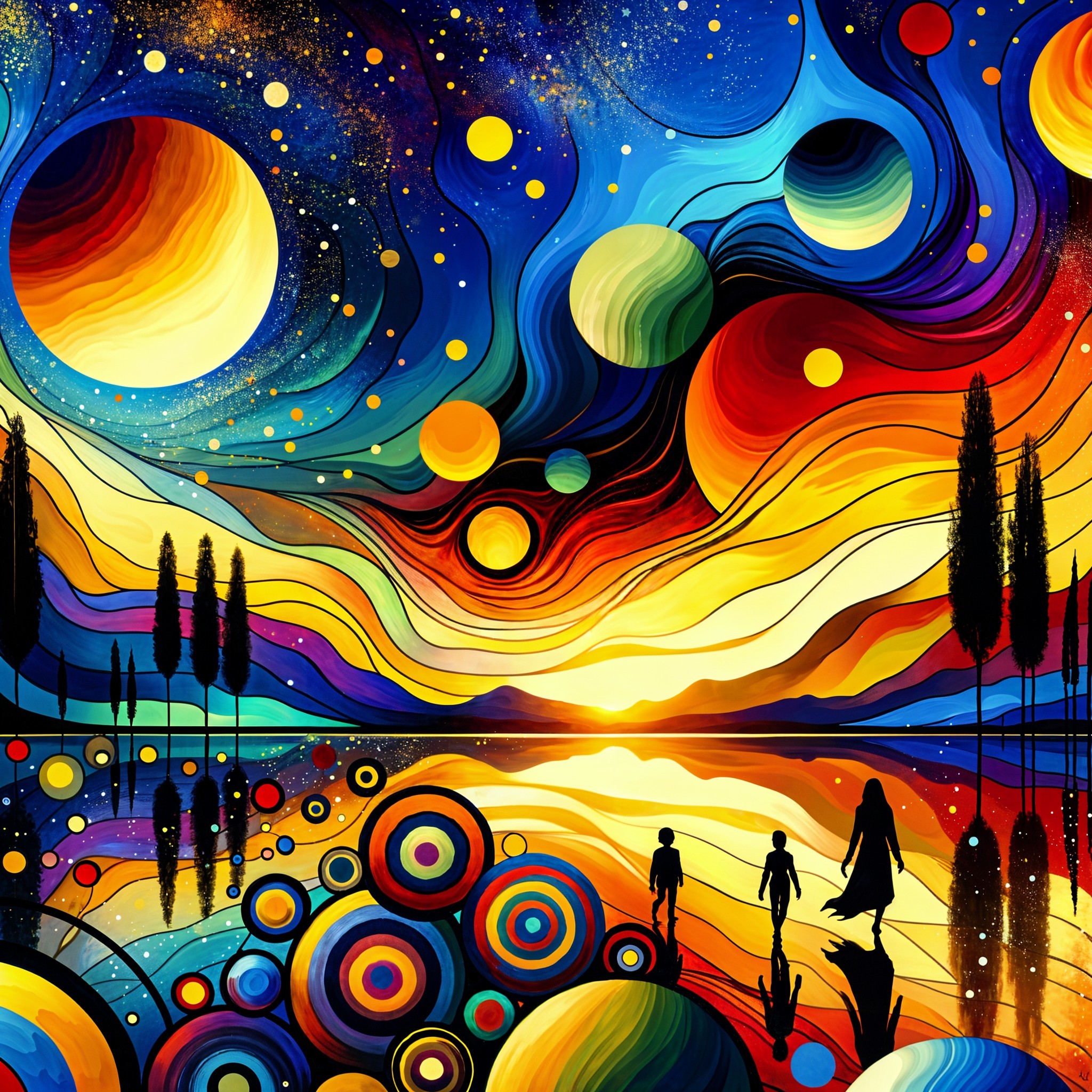 Surreal Cosmic Landscape with Children and Lake