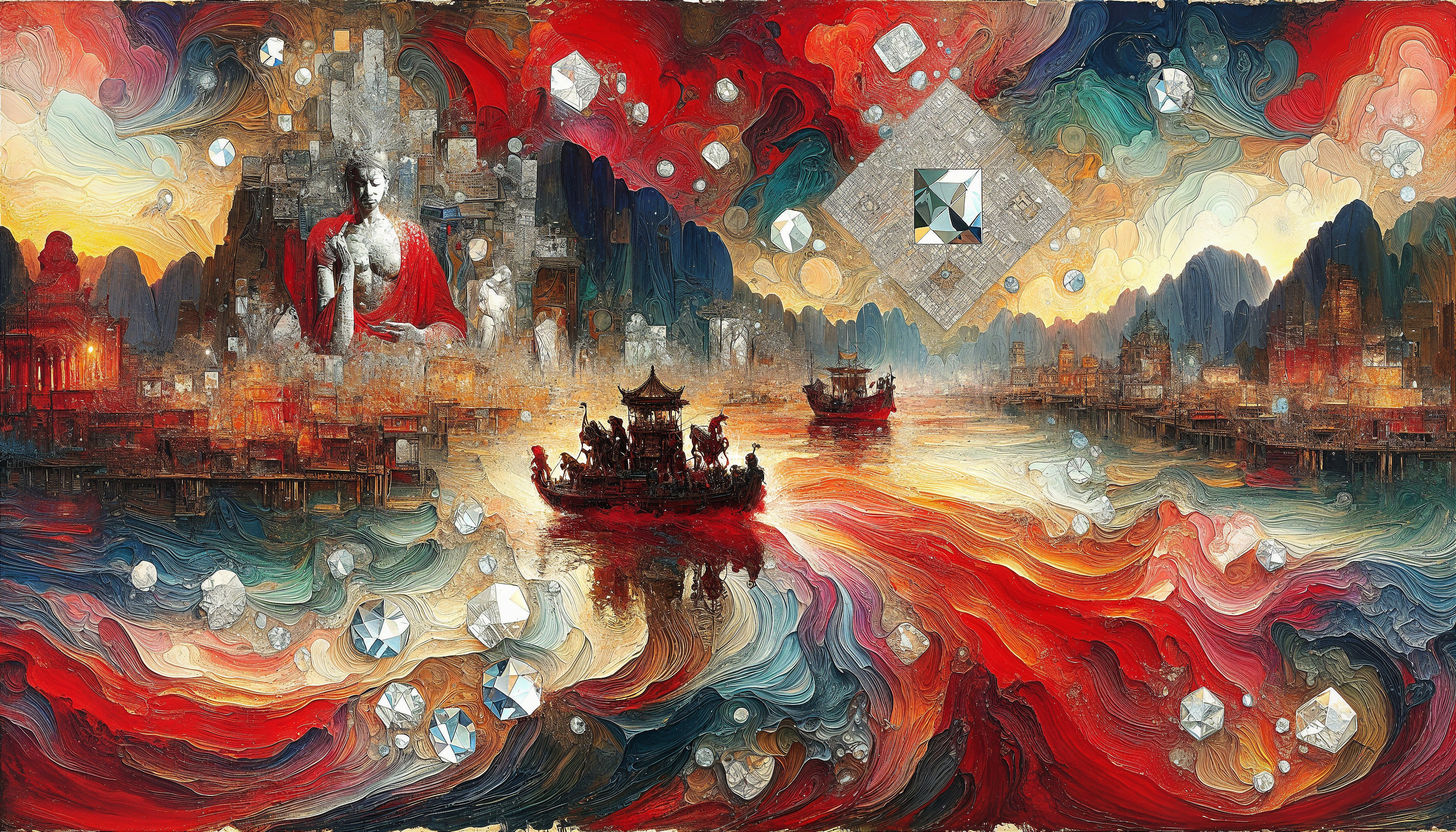 Abstract Landscape with River at Sunset and Boats