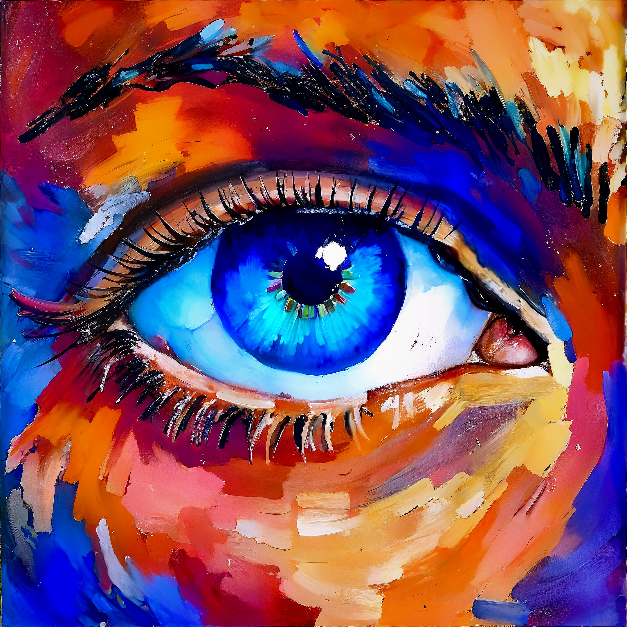 Close-up of a blue eye with vibrant abstract background
