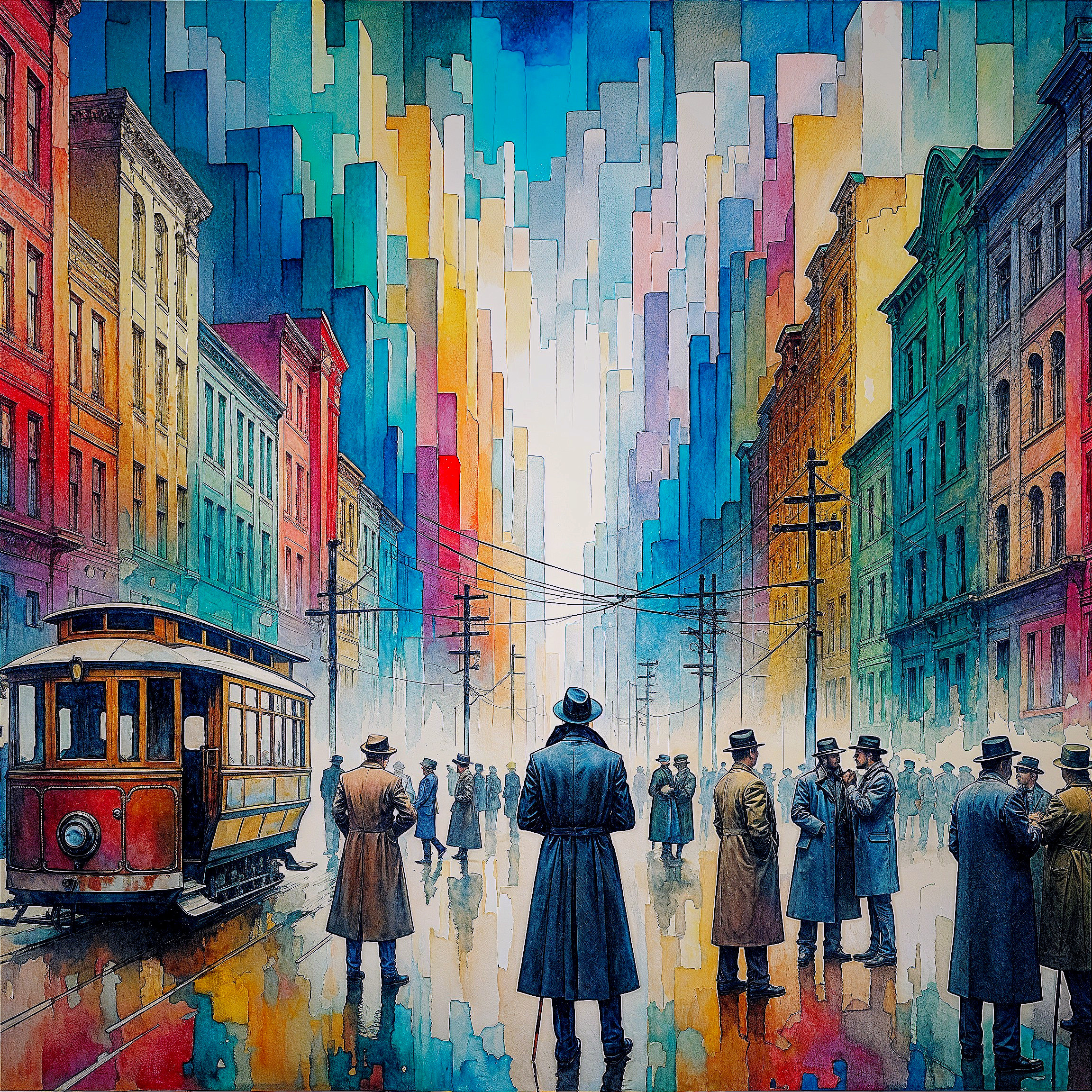 Vibrant Urban Scene with Retro Street and Colorful Sky