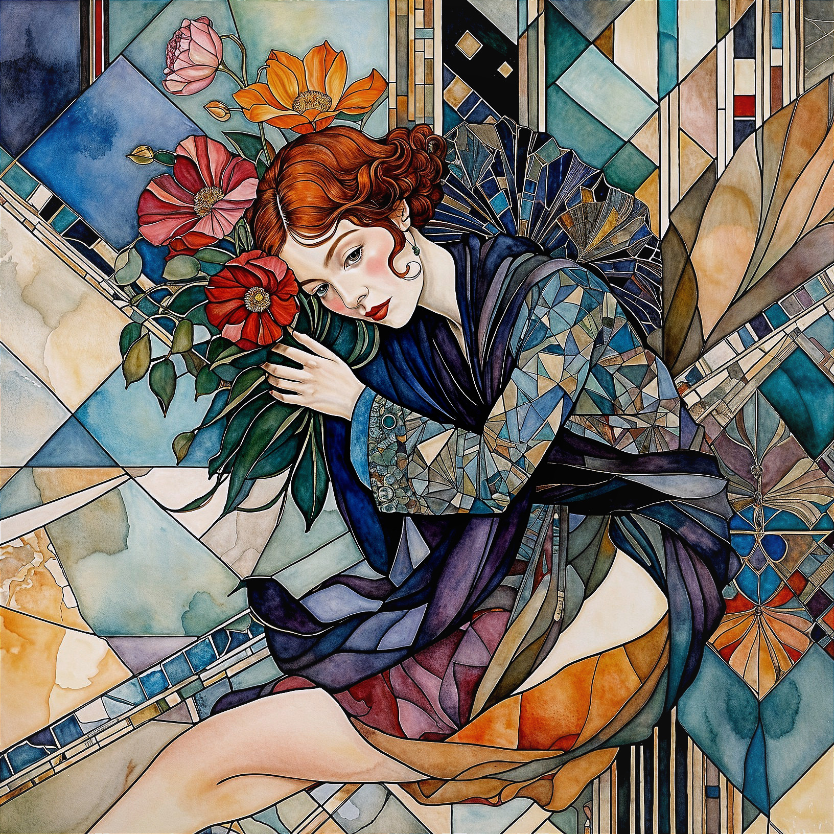 Woman with Red Hair in Geometric Floral Setting