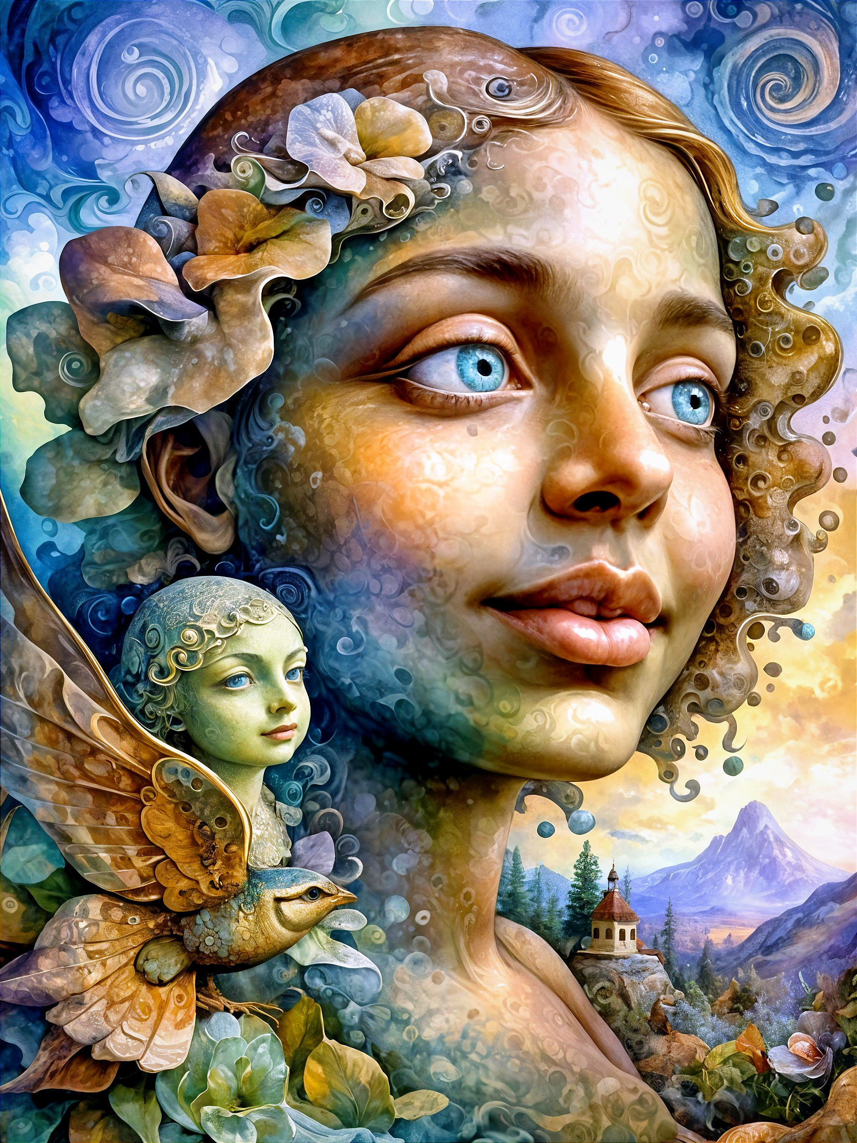 Whimsical Illustration of a Girl with Fairy and Bird