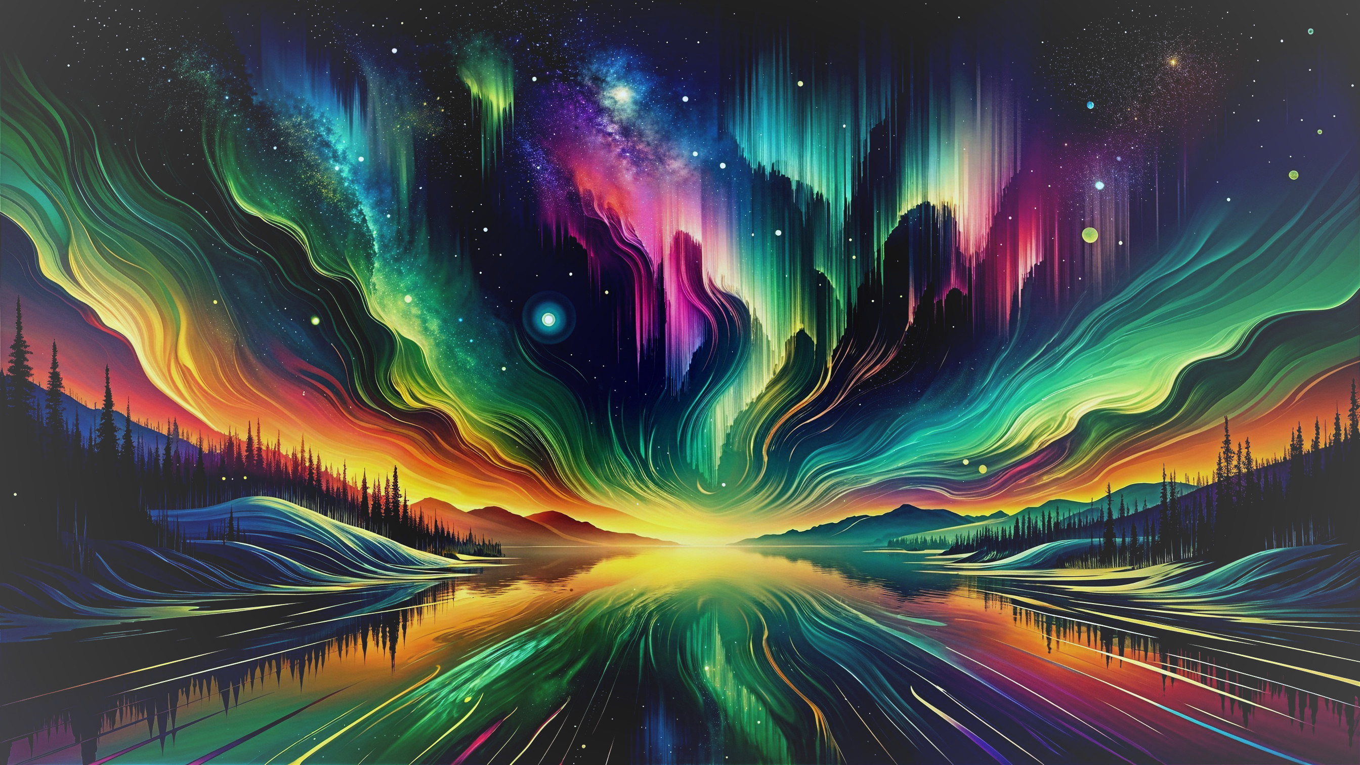 Surreal Landscape with Reflective Lake and Auroras