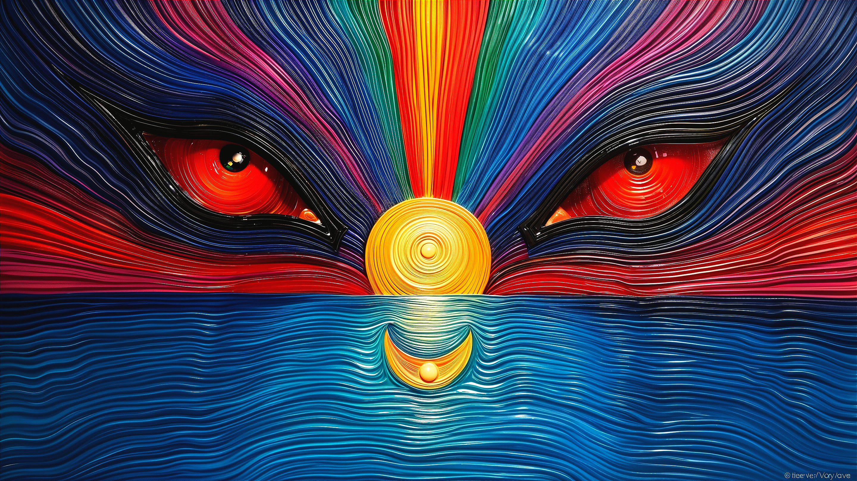 Abstract Sunset with Radiant Sun and Colorful Waves