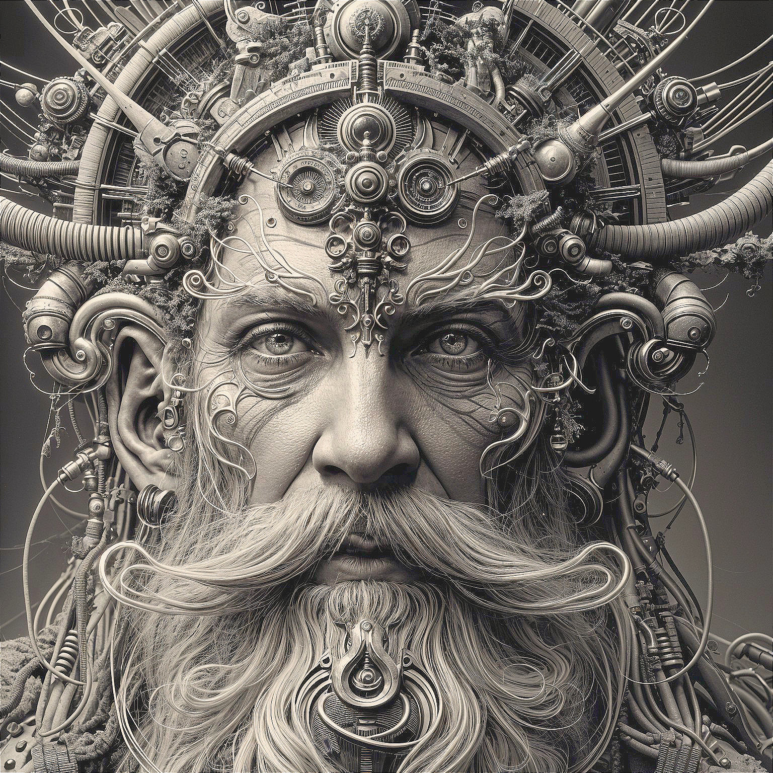 Steampunk Figure with Mechanical Beard and Vines