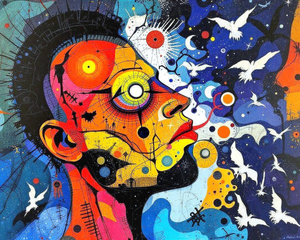 Vibrant Abstract Portrait with Colorful Patterns and Birds