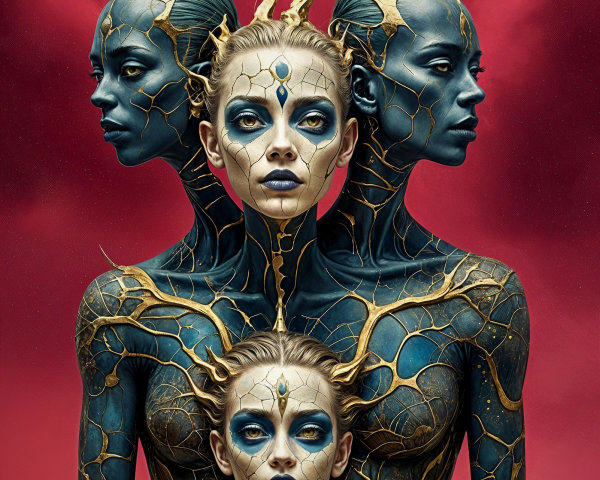 Surreal Intertwined Humanoid Figures with Bark Skin