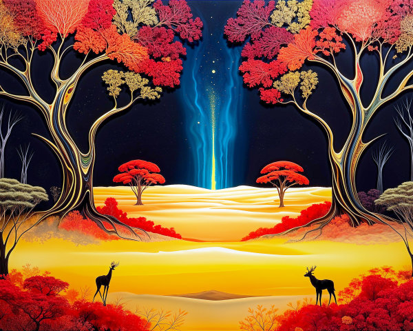 Vibrant landscape with colorful foliage and deer