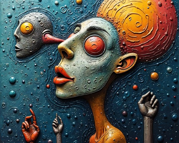 Abstract Human Figure with Surreal Background Elements