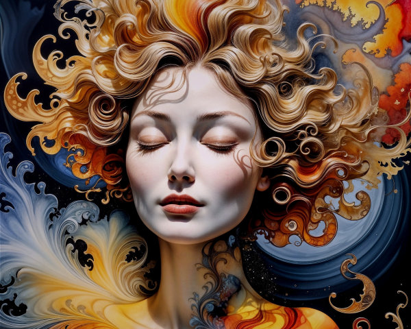 Tranquil Woman Surrounded by Vibrant Abstract Colors
