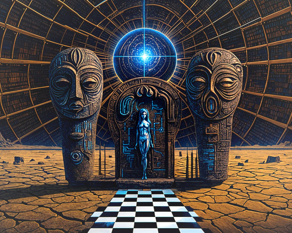 Surreal Landscape with Stone Faces and Mysterious Portal