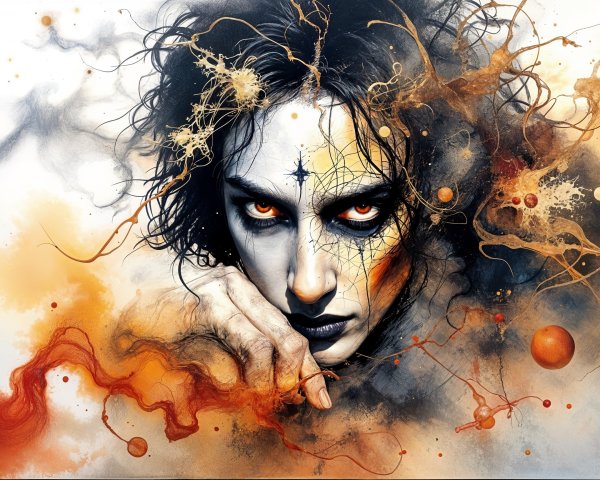 Surreal Portrait with Glowing Orange Eyes and Patterns