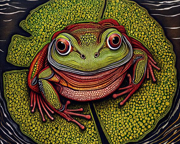 Vibrant Frog on Lily Pad in Serene Pond Setting