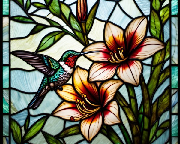 Vibrant Stained Glass Window of Hummingbird and Lilies
