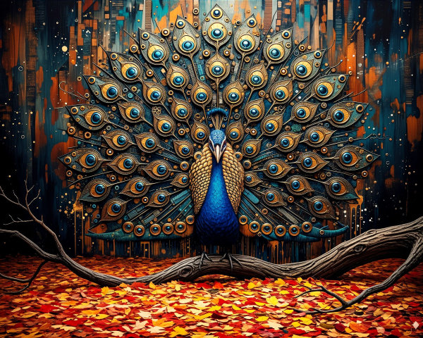 Majestic Peacock with Vibrant Feathers in Autumn Setting