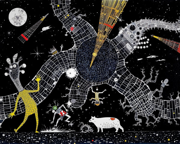 Surreal Scene with Whimsical Characters and Cosmic Elements