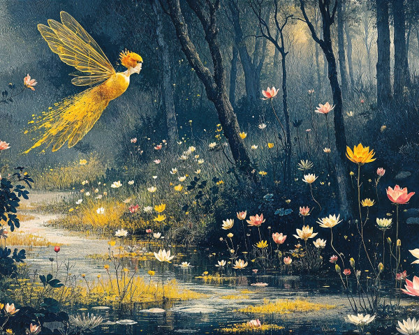 Golden Fairy Above Lotus Pond in Mystical Forest