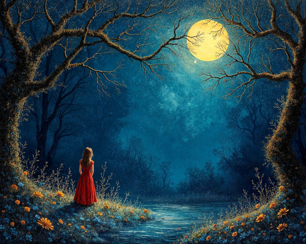 Mystical Moonlit Landscape with a Young Girl in Red Dress
