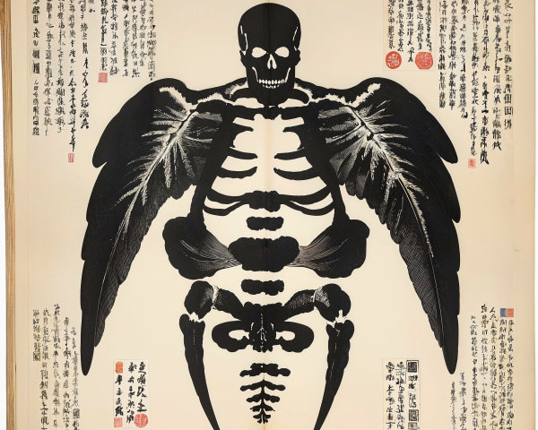 Illustration of a Winged Skeleton with Japanese Text