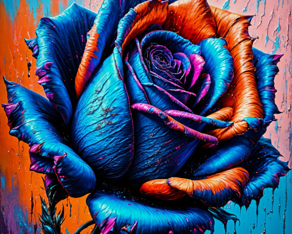 Hyper-realistic painting of a blue rose with orange edges