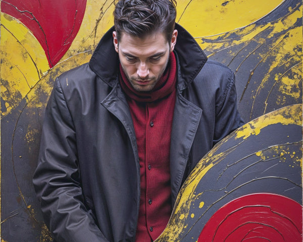 Stylish man in front of bold abstract painting