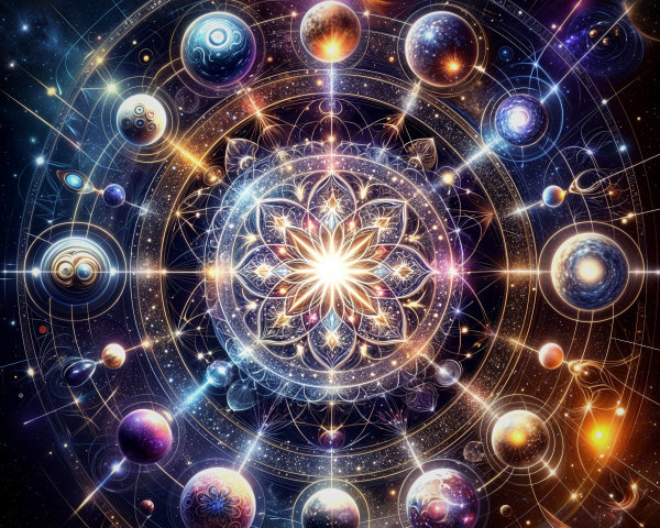 Cosmic Scene with Radiant Mandala and Colorful Planets