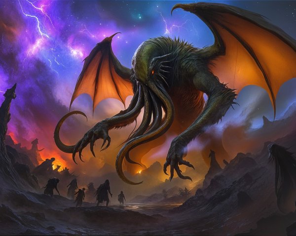 Otherworldly Creature in Cosmic Landscape with Lightning